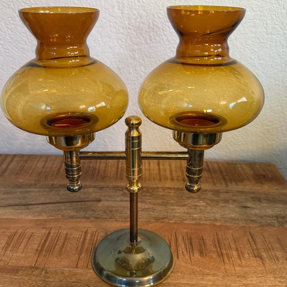 Vintage Brass Double Arm Candelabra Amber Glass Hurricane Tea Light Holder MCM